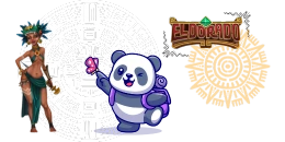 A digital illustration on a gray background features a woman in a green outfit with a headdress, a panda with a purple backpack holding a pink butterfly, and two circular Aztec calendar-like designs. The word "ELDORADO" is displayed in a wooden-style font on the right side.