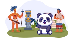 A digital illustration on a gray background shows a cartoon panda holding a green twig, two people in traditional clothing with a spear and a patterned garment, and a stone statue.