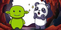 A cartoon panda looks surprised with its hands to its cheeks next to a small green goblin-like creature with a toothy grin, against a dark, cave-like background.