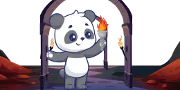 A cartoon panda holds a torch with a flame, standing under a stone archway in a cave-like setting.