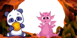 A cartoon panda holds a gold coin in a cave, next to a surprised pink dragon with small wings.