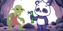 A cartoon panda offers a bamboo stalk to a green goblin-like creature in a cave setting.