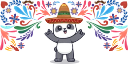 A cartoon panda wearing a sombrero with a zigzag pattern stands with its arms raised against a gray background with colorful floral designs.
