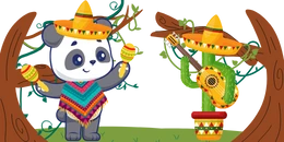 A cartoon panda in a sombrero and poncho plays maracas next to a cactus wearing a sombrero and playing a guitar, in a setting with tree trunks and vines.