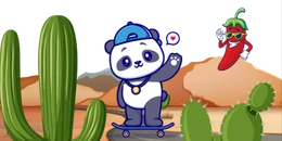 A cartoon panda wearing a backwards baseball cap rides a skateboard in a desert landscape with cacti, while a chili pepper character with sunglasses waves in the background.
