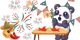 A surprised cartoon panda looks at two chili peppers on a table, with a guitar wearing a sombrero and a red chili pepper next to it, against a background with festive decorations.
