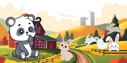 A cartoon panda sits with a finger to its lips, surrounded by cartoon rabbits in a farm setting with a red barn and silo in the background.