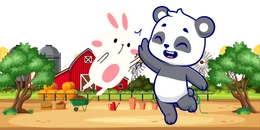 A cartoon panda and a white rabbit give each other a high-five in a farm setting with a red barn, trees, and farm equipment.