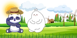 A cartoon panda wearing a straw hat sits and smiles next to a white rabbit-like character in a green field with windmills and a setting sun in the background.