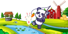 A cartoon panda winks and holds a fishing rod, standing next to a white rabbit holding a carrot, with a river, well, and farm buildings in the background.