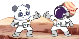 A cartoon panda in astronaut suit putting his thumb up to a cartoon astronaut thumbing up.
