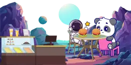 A cartoon panda and an astronaut sit at a table on a planet, with burgers and a star between them, with a space diner in the background.