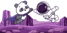 A cartoon panda wearing a cape flies through a purple, rocky landscape with an astronaut floating nearby.