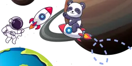 A cartoon panda rides a red and white rocket through space, waving to an astronaut floating nearby, with planets and dotted lines in the background.