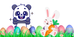 A cartoon panda and bunny sit among colorful Easter eggs and grass. The bunny holds a carrot.