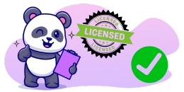 A cartoon panda winks and gives a thumbs-up while holding a clipboard, next to a seal partially obscured by a green "LICENSED" banner.
