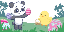 A cartoon panda holds Easter eggs while a chick with a basket stands nearby. Decorated eggs are on the grass.