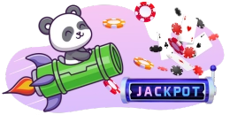 A cartoon panda with closed eyes and a happy expression is riding a green and purple rocket, soaring past scattered playing cards and casino chips.
