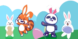 Cute rabbits and panda play happily on a colorful background. A fun spring landscape.