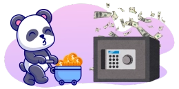 A cartoon panda with a content expression is pushing a small blue cart overflowing with gold coins towards an open safe from which dollar bills are flying out.