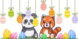 A panda and a red panda sit happily in front of colorful eggs. The eggs hanging in the background attract attention.