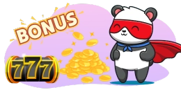 A panda dressed as a superhero with a red mask and cape stands next to a pile of gold coins, a stylized "777" symbol, and the word "BONUS" in a burst effect.