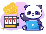 A cute cartoon panda sits cross-legged, waving with one paw while working on a blue laptop, next to a stylized slot machine showing "777" and "LUCKY".