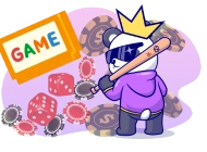 A cool cartoon panda wearing sunglasses, a crown, and a purple hoodie is holding a baseball bat, standing amidst scattered casino chips and red dice.
