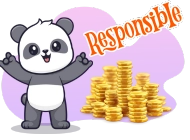 A cheerful cartoon panda with arms raised stands next to stacks of gold coins, with the word