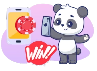A cartoon panda holds a smartphone displaying a casino chip, with a red burst graphic that says