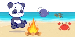 A cartoon panda meditates by a campfire on a beach with a purple anglerfish and a red crab nearby.