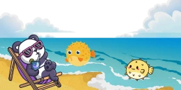 A cartoon panda wearing sunglasses relaxes in a beach chair, holding a drink with an umbrella, as two pufferfish float in the ocean nearby.