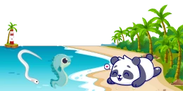A cartoon panda sleeps peacefully on a tropical beach with palm trees, as a seahorse and a white eel swim in the ocean nearby. A lighthouse is visible in the distance.