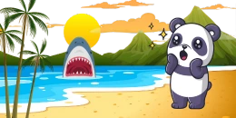 A surprised cartoon panda stands on a beach with palm trees, as a shark's fin and open mouth approach in the water under a setting sun.