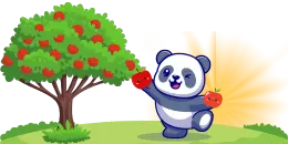 A cartoon panda winks and holds two red apples, standing next to a tree full of apples against a gray background with a light streak.