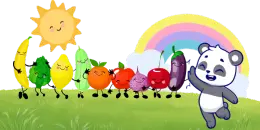 A cartoon panda waves next to a line of dancing fruits and vegetables, including a banana, apple, lemon, cucumber, orange, tomato, cherry, and eggplant, under a smiling sun and rainbow.
