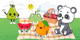 A cartoon panda sits on a picnic blanket with a basket, looking surprised, while anthropomorphic fruits and a sad sun look on.