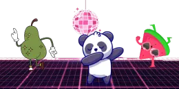 A cartoon panda dances under a disco ball with a green pear and a slice of watermelon in a retro-styled setting.