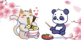 A digital illustration shows a cartoon cat with orange patches eating noodles from a bowl with chopsticks, and a cartoon panda holding a single chopstick next to a plate of food, surrounded by pink and white cherry blossoms against a gray background.