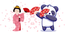 A digital illustration shows a cartoon woman with a yellow bun in a pink kimono holding a red fan and a cartoon panda with blue and white fur holding a red fan with white flowers, surrounded by pink and white cherry blossoms against a gray background.