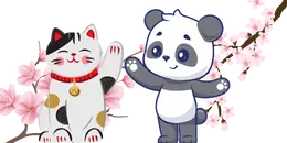 A digital illustration shows a cartoon cat with black patches, a red collar, and a gold bell waving with its paw, and a cartoon panda with blue and white fur waving with both paws, surrounded by pink and white cherry blossoms against a gray background.
