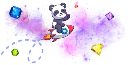 A cartoon panda rides a small red and white rocket with a fiery trail, surrounded by colorful gems and sparkling trails against a gray background.