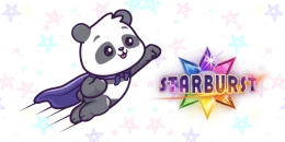 A cartoon panda with a purple cape flies toward a "STARBURST" logo made of colorful gems, against a gray background with sparkling stars.