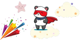 A cartoon panda wearing a red mask and cape stands on a cloud next to a shooting star and colorful star wands, against a gray background with clouds and a smiling star.