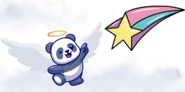 A cartoon panda with angel wings and a halo points towards a shooting star with a pink and blue trail, against a cloudy sky background.