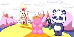 A cartoon panda holds a bamboo stalk and smiles next to a pink gummy bear wearing a crown, with a candy castle and mountains in the background.