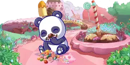 A cartoon panda holds a bamboo stalk and smiles next to a pink gummy bear wearing a crown, with a candy castle and mountains in the background.