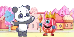 A cartoon panda waves next to a blue elephant-like creature and a red, one-eyed monster wearing a crown and holding a scepter, in a candy land setting.
