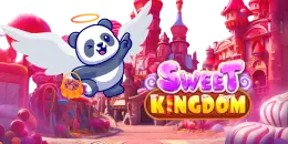 A cartoon panda with angel wings and a halo points down towards a Sweet Kingdom logo with a candy castle in the background.